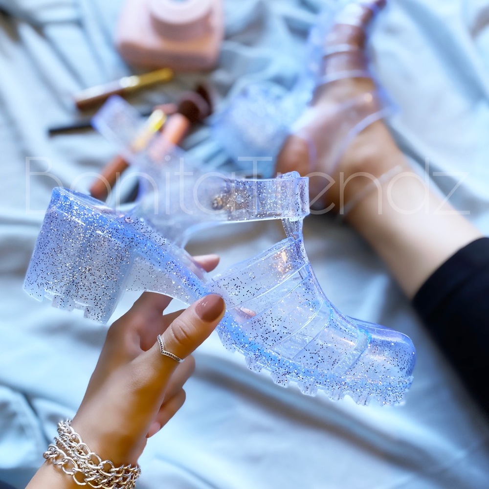 RETRO Clear Glitter Gladiator Caged Jelly Sandals